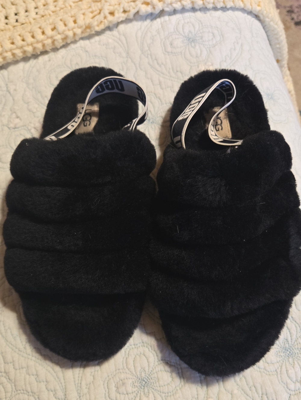 UGG Kids Black Plush Slide with Logo Heel Strap